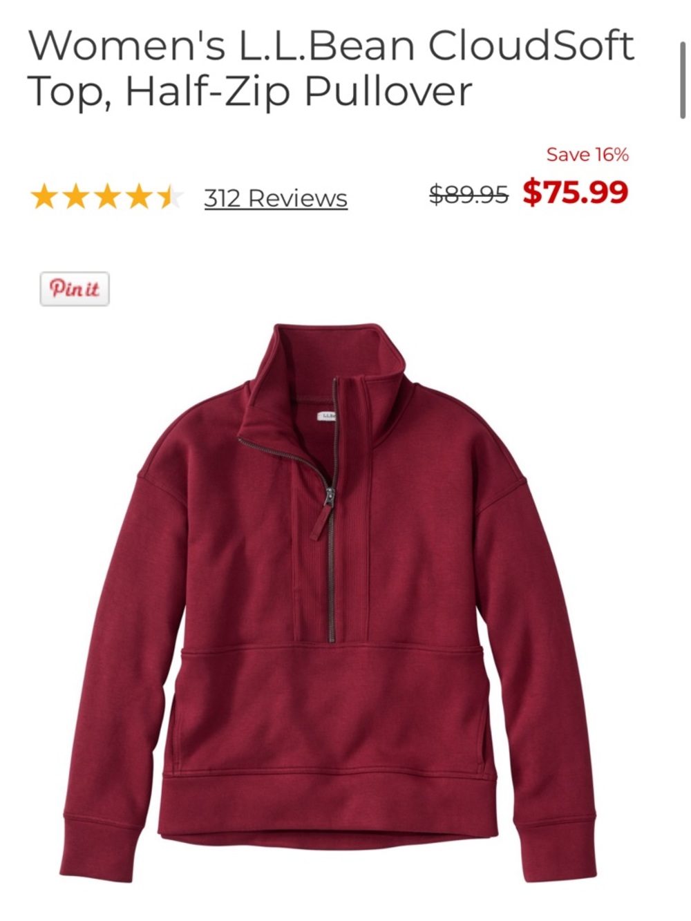 L.L. Bean CloudSoft Wine Red Quarter-Zip Pullover